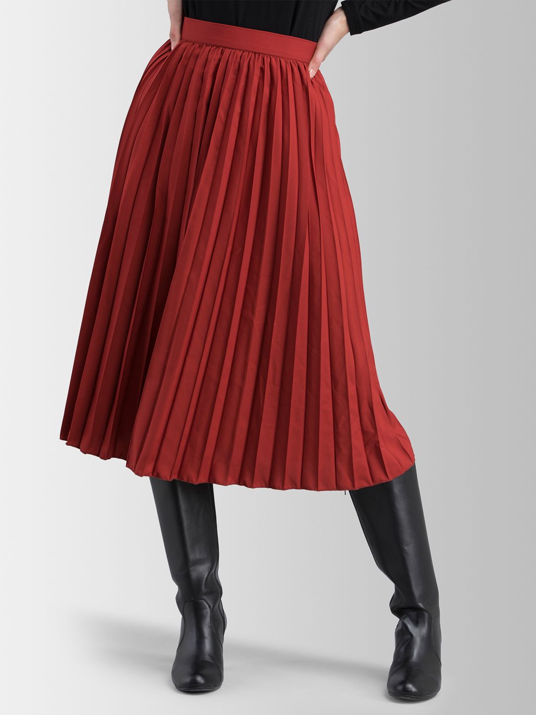 FableStreet Women Rust Red Solid Anti-Wrinkle Pleated Flared Midi Skirt