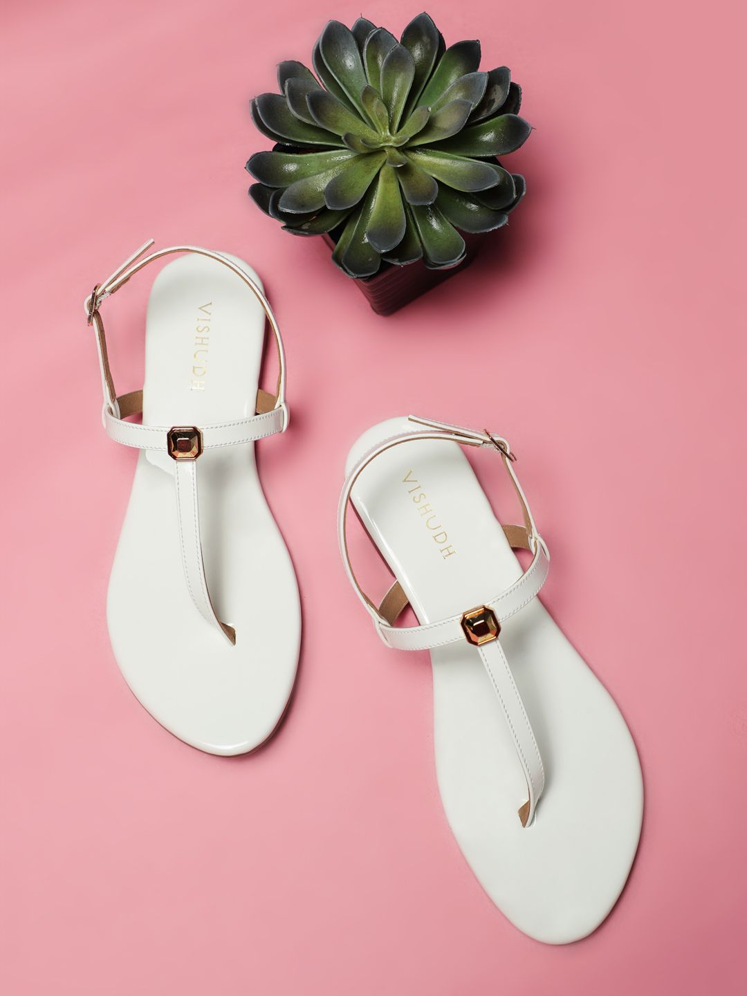 Vishudh Women White Solid T-Strap Flats Price in India
