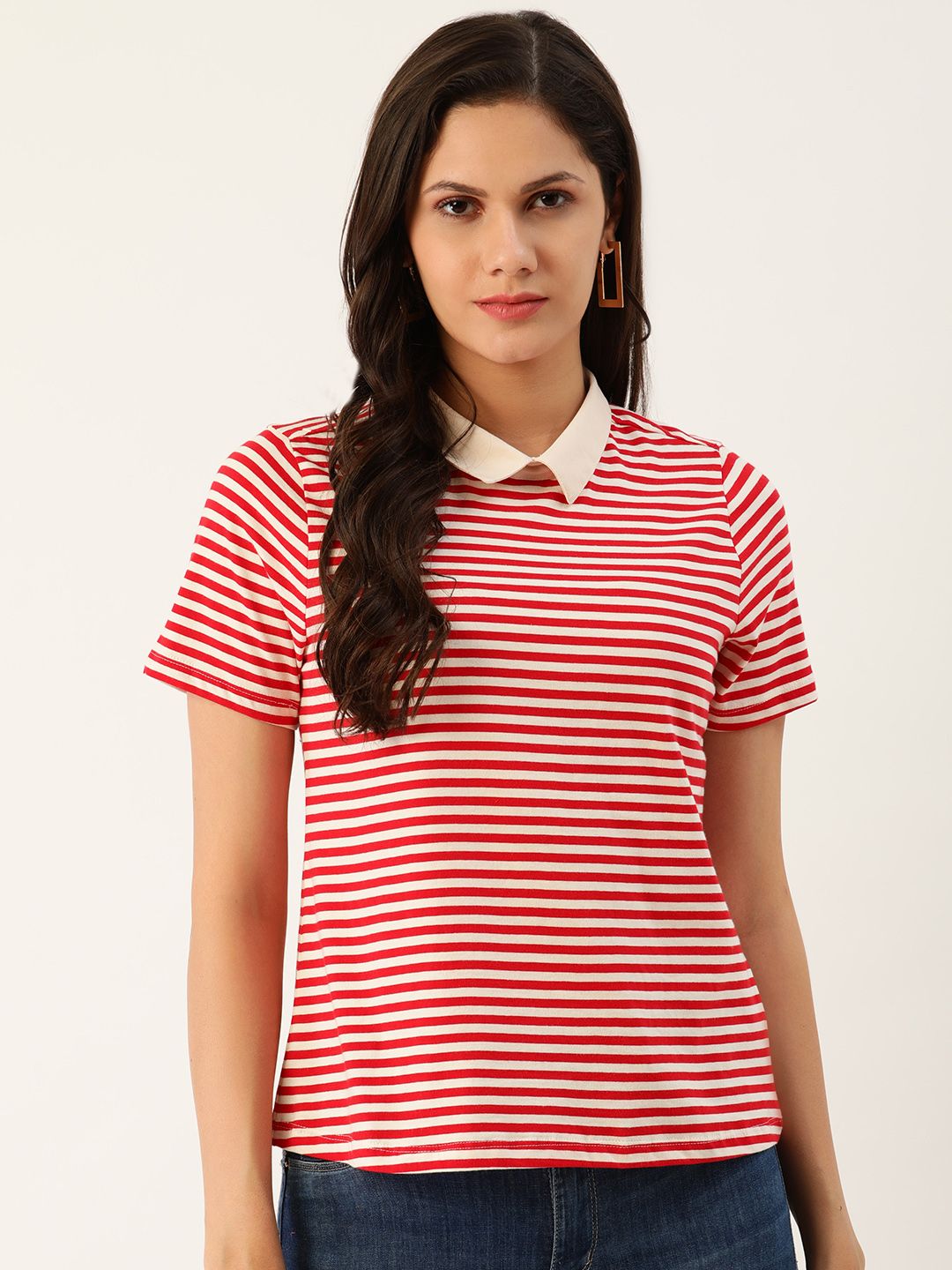 Chemistry Women Red & White Striped Polo Collar T-shirt