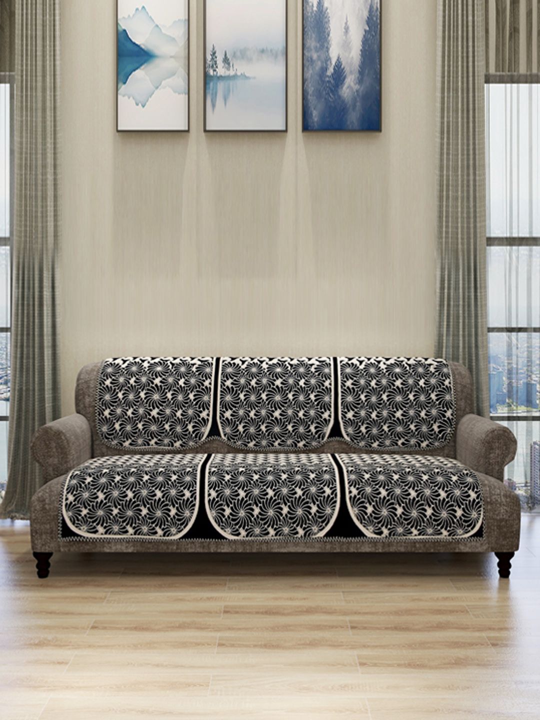 ROMEE Set Of 6 Black & Beige Self-Design Sofa Covers Price in India
