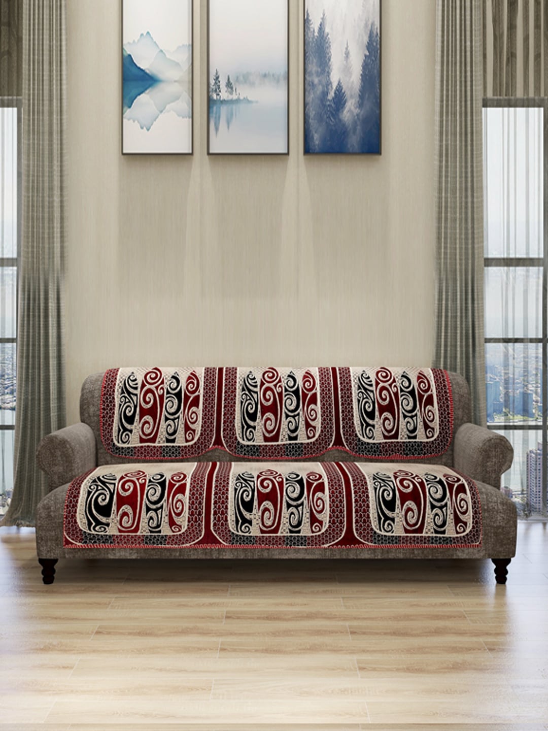 ROMEE Set Of 6 Beige & Maroon Printed Sofa Covers Price in India