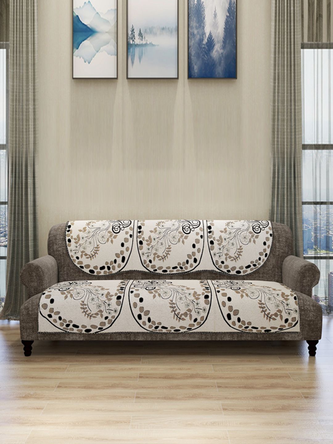 ROMEE Set Of 6 Cream-Coloured & Brown Self-Design Sofa Covers Price in India