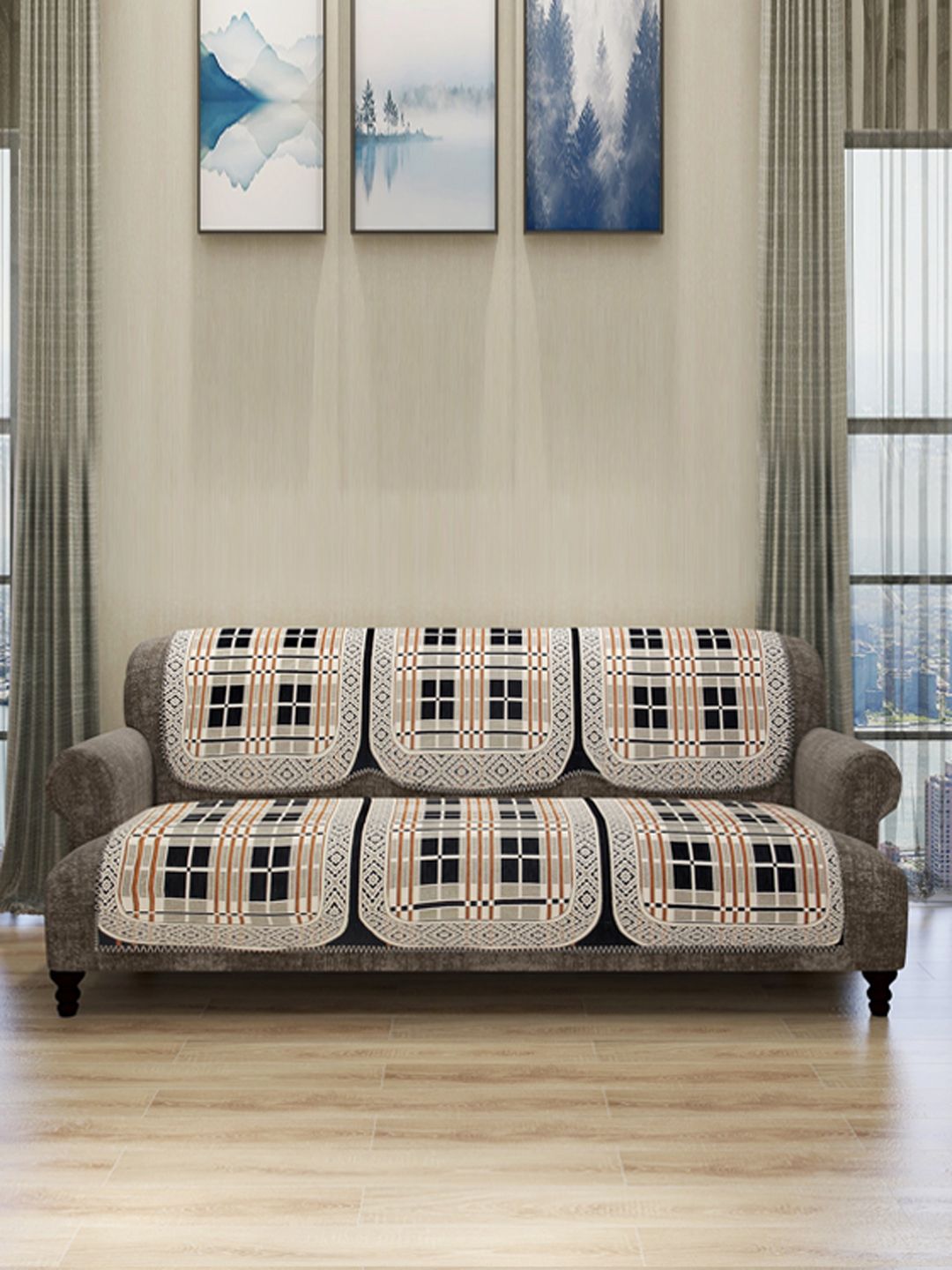 ROMEE Set Of 6 Cream-Coloured & Black Checked Sofa Covers Price in India