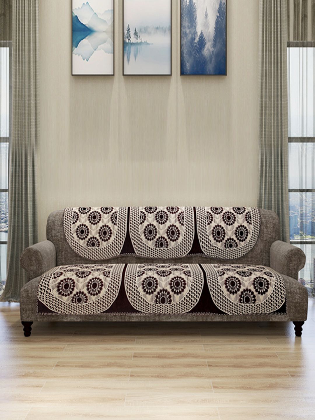 ROMEE Set Of 6 Beige & Brown Self-Design Sofa Covers Price in India