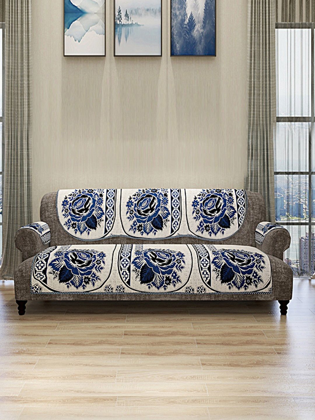 ROMEE Set Of 12 Cream-Coloured & Blue Self-Design 5 Seater Sofa Covers Price in India