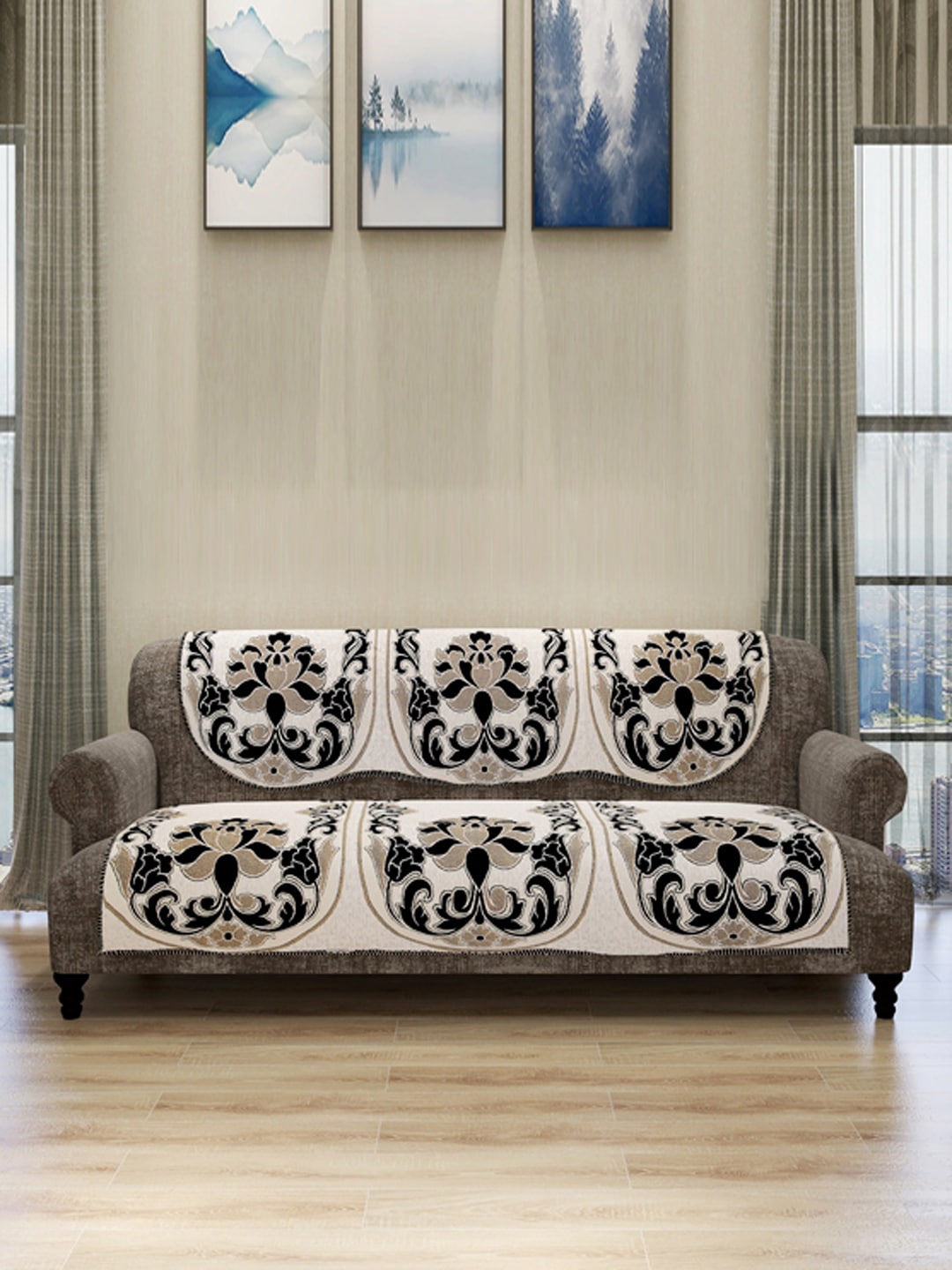 ROMEE Set Of 6 Cream-Coloured & Black Printed Sofa Covers Price in India