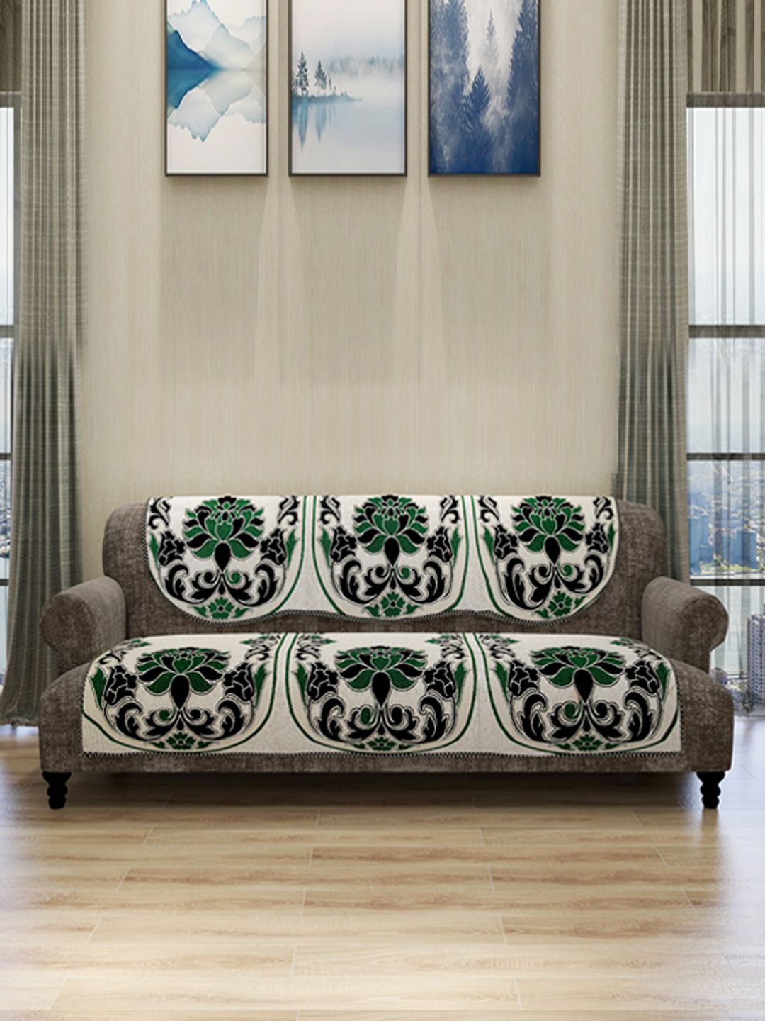 ROMEE Set Of 6 Cream-Coloured & Green Self-Design Sofa Covers Price in India