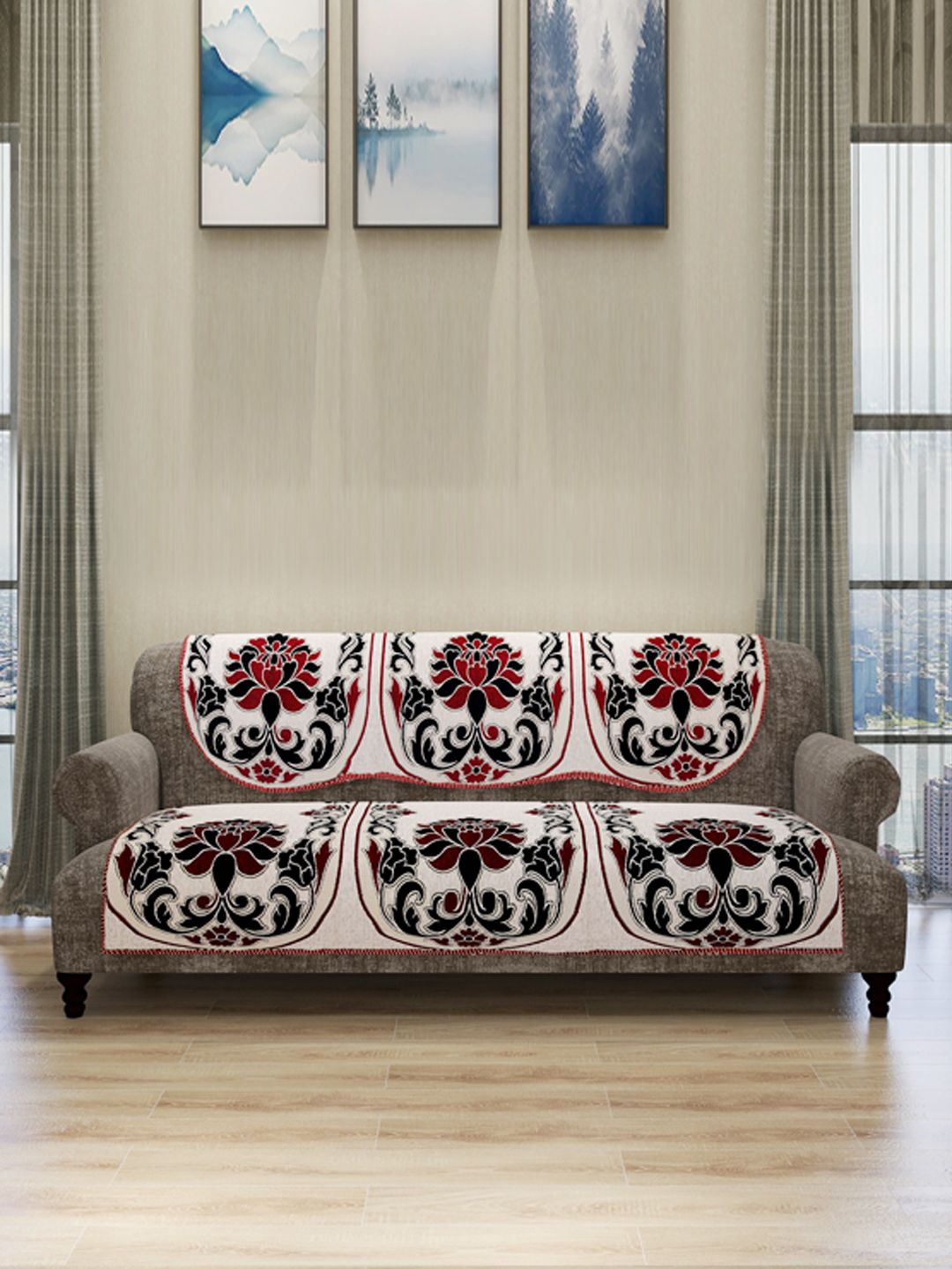 ROMEE Set Of 6 Cream-Coloured & Black Self-Design Sofa Covers Price in India
