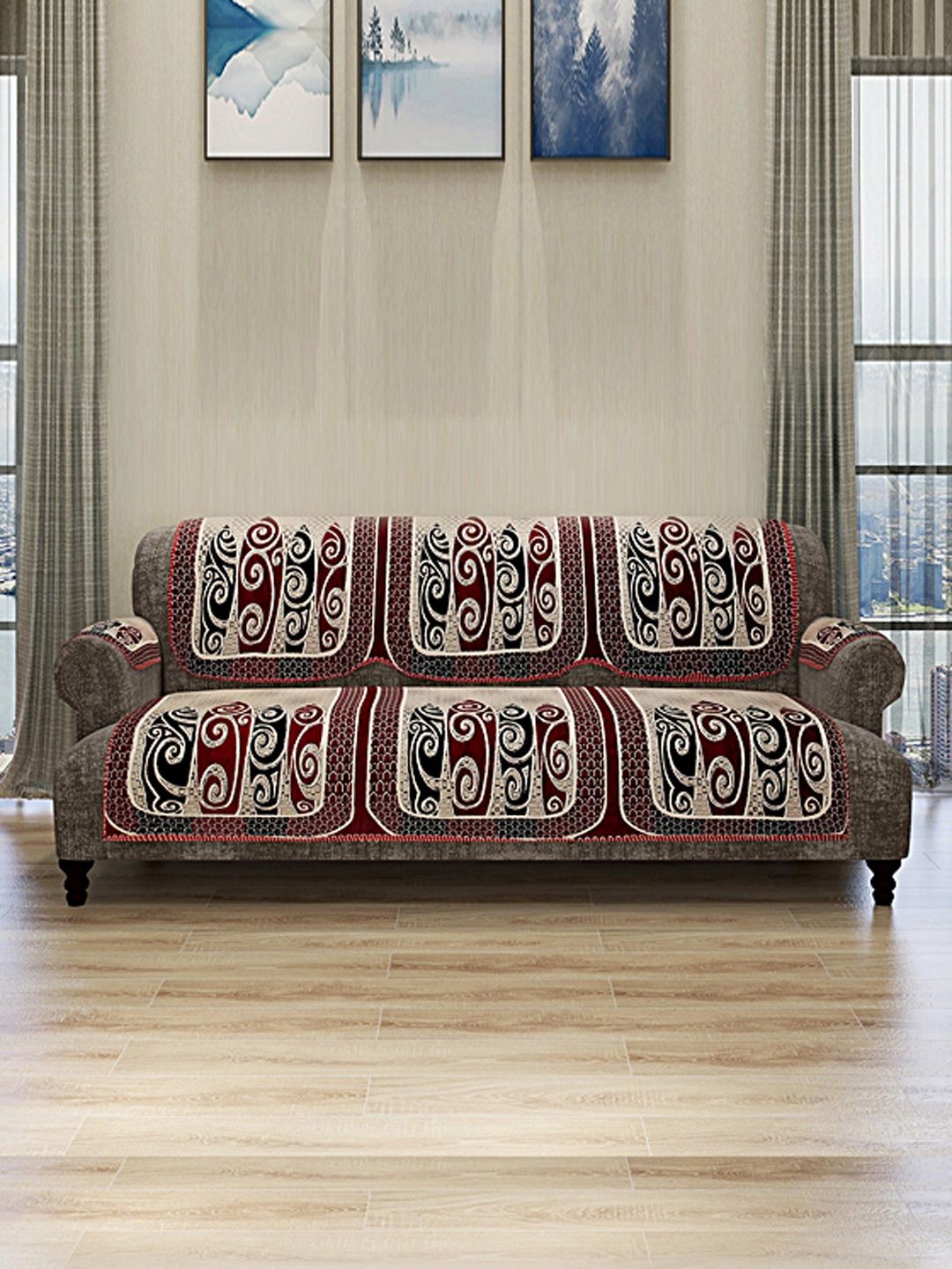 ROMEE Set Of 12 Beige & Red Self-Design 5 Seater Sofa Covers Price in India