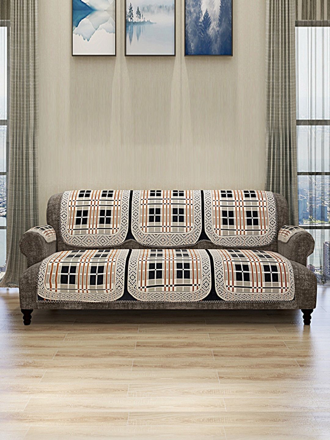 ROMEE Set Of 12 Cream-Coloured & Black Checked Sofa Covers Price in India