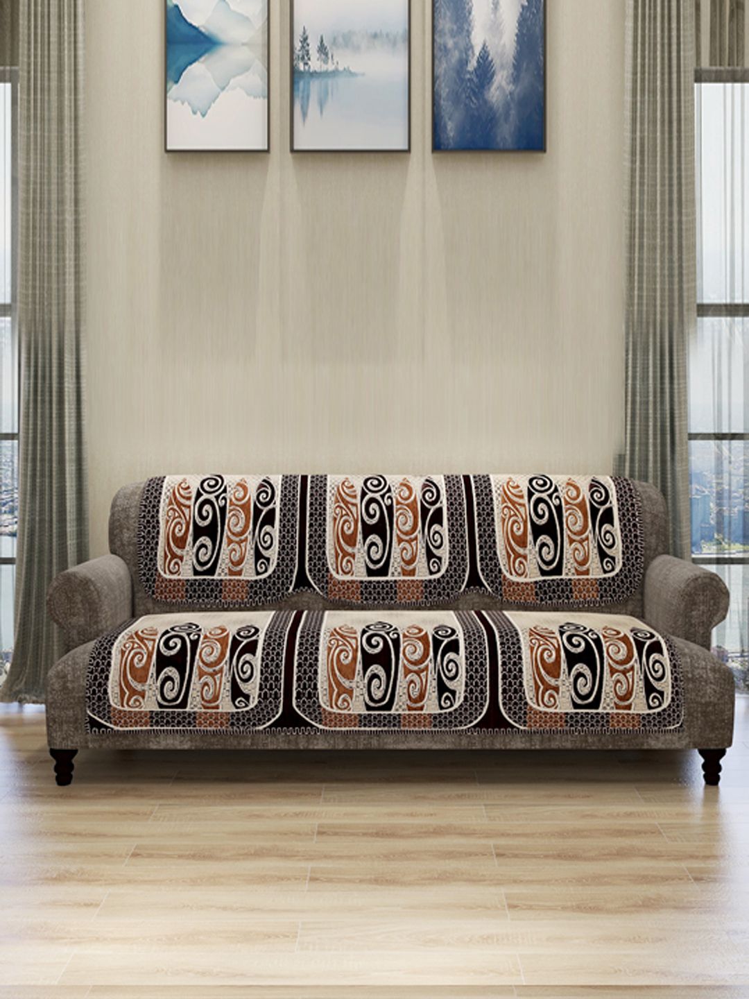 ROMEE Set Of 6 Beige & Coffee Brown Printed 5-Seater Sofa Cover Price in India