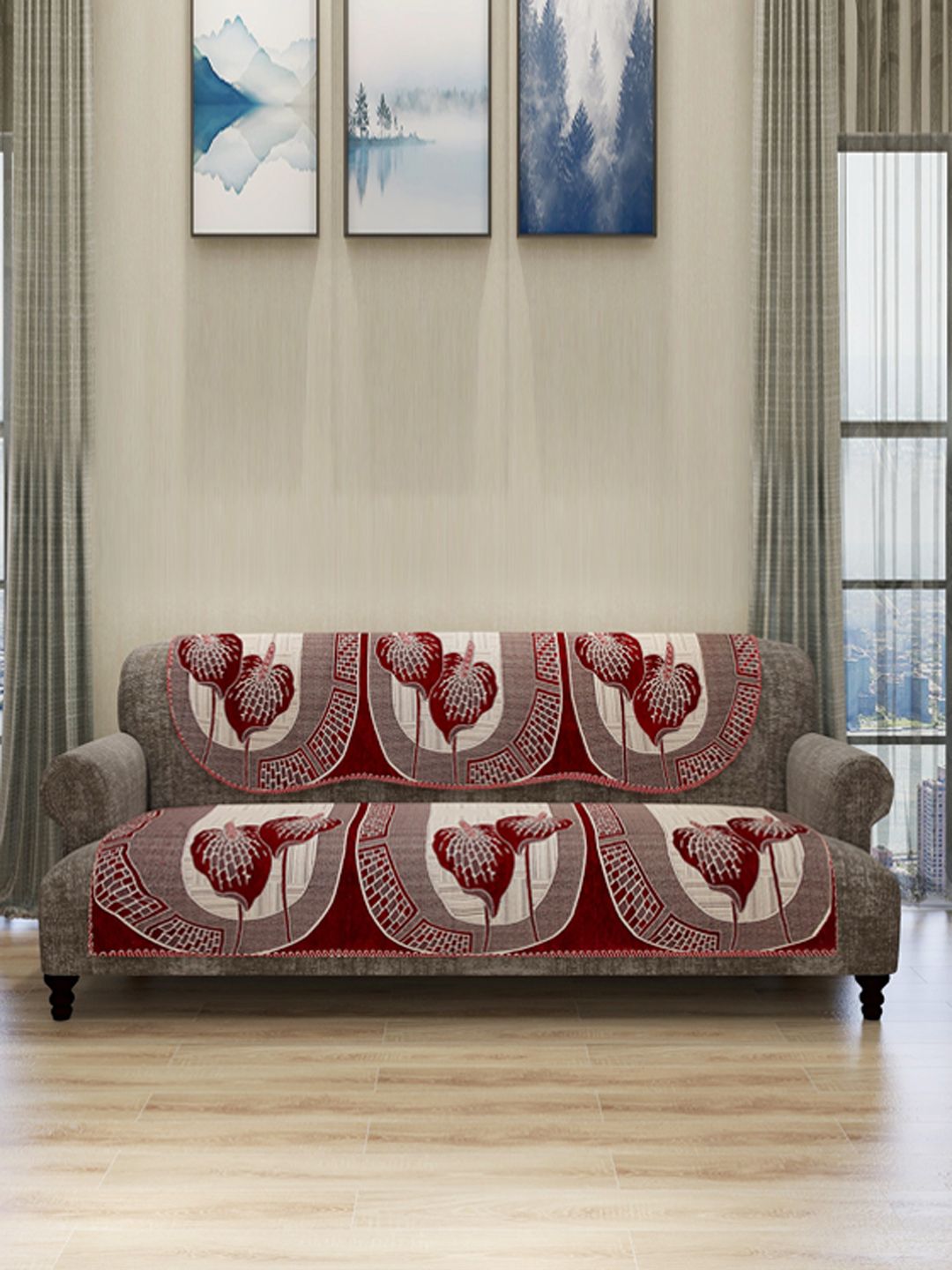 ROMEE Set Of 6 Maroon & Beige Self Design 5-Seater Sofa Cover Price in India