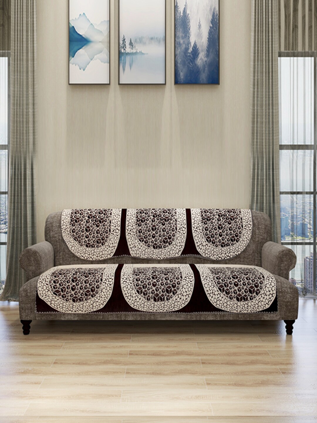 ROMEE Set Of 6 Beige & Black Self Design 5-Seater Sofa Cover Price in India