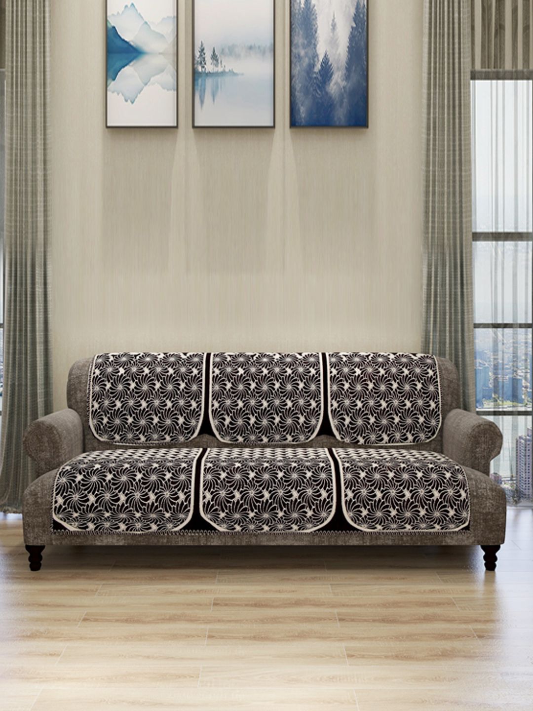 ROMEE Set Of 6 Coffee Brown & Cream-Coloured Self Design 5-Seater Sofa Cover Price in India
