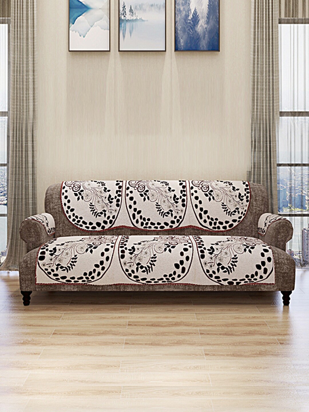 ROMEE Set Of 12 Cream-Colored & Black Self Design 5-Seater Sofa Cover With 6 Arm Covers Price in India