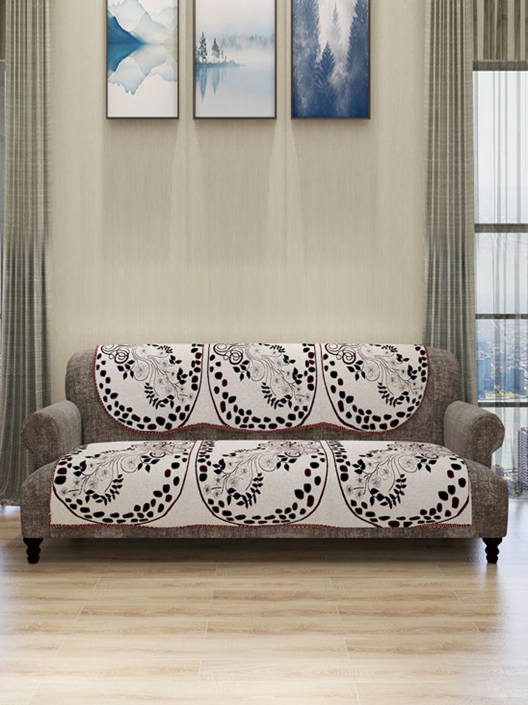 ROMEE Set Of 6 Cream-Colored & Black Printed 5-Seater Sofa Cover Price in India