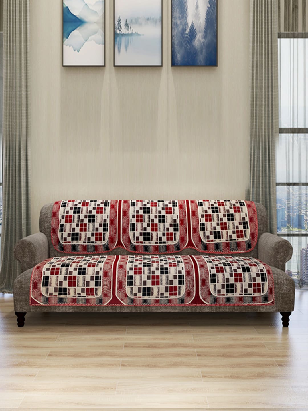 ROMEE Set Of 6 Black & Maroon Self Design 5-Seater Sofa Cover Price in India