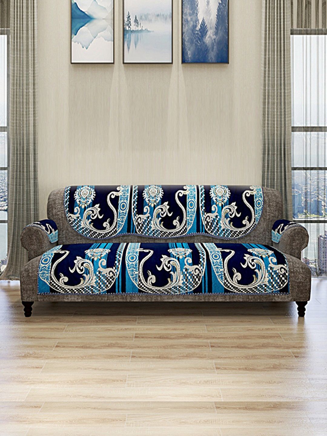 ROMEE Set Of 12 Blue & White Self Design 5-Seater Sofa Cover With 6 Arm Covers Price in India