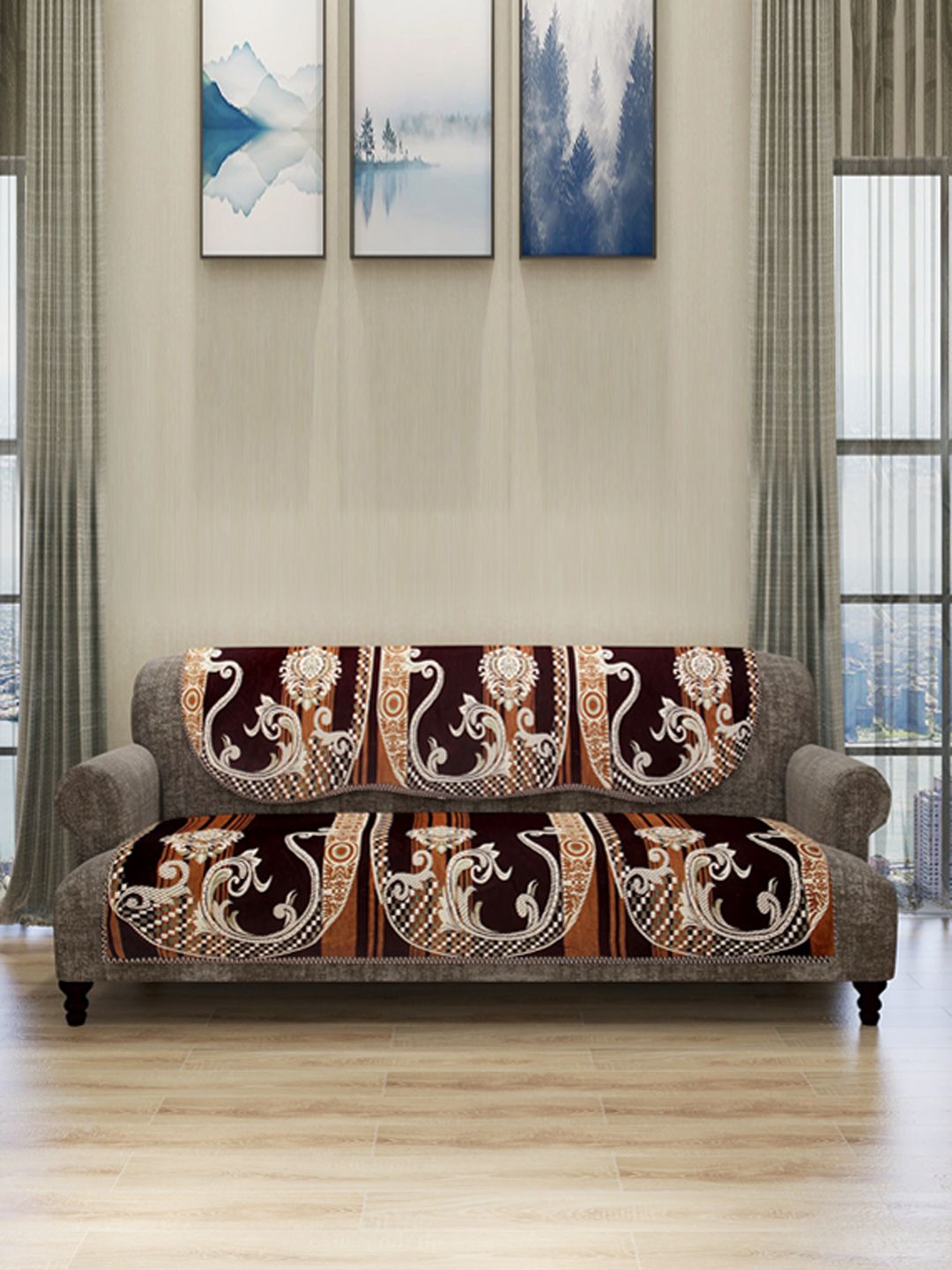 ROMEE Set Of 6 Brown & White Self Design 5-Seater Sofa Cover Price in India
