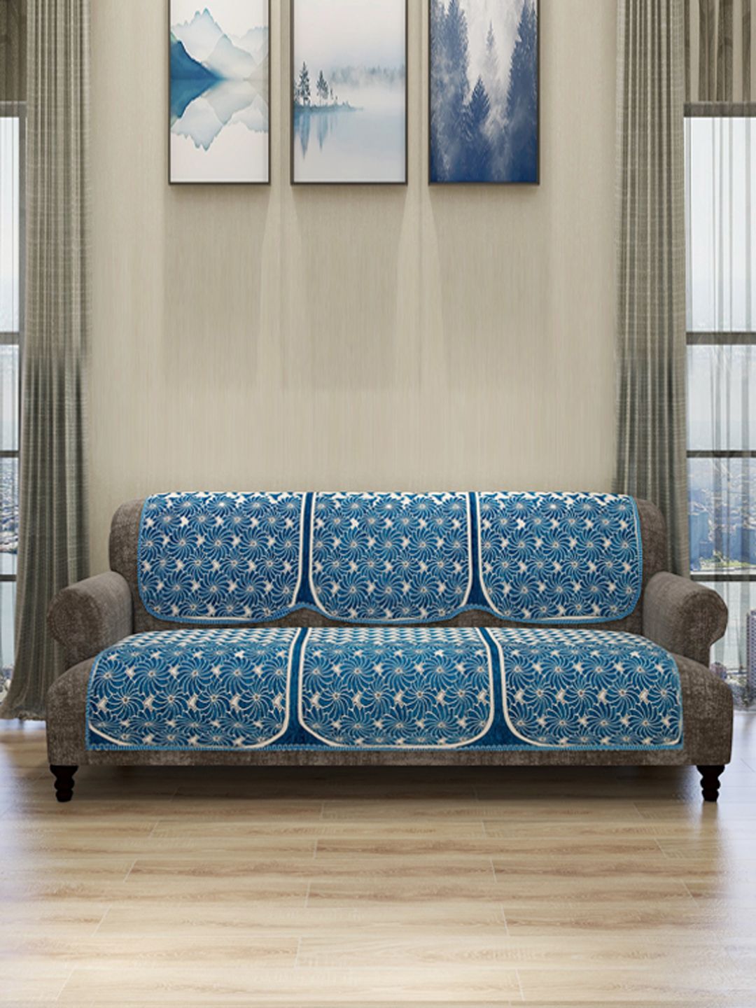 ROMEE Set Of 6 Blue & White Self Design 5-Seater Sofa Cover Price in India
