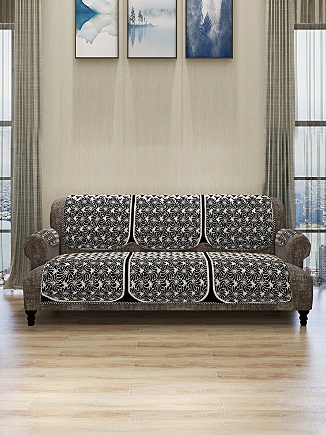 ROMEE Set Of 12 White & Black Self Design 5-Seater Sofa Cover With 6 Arm Covers Price in India