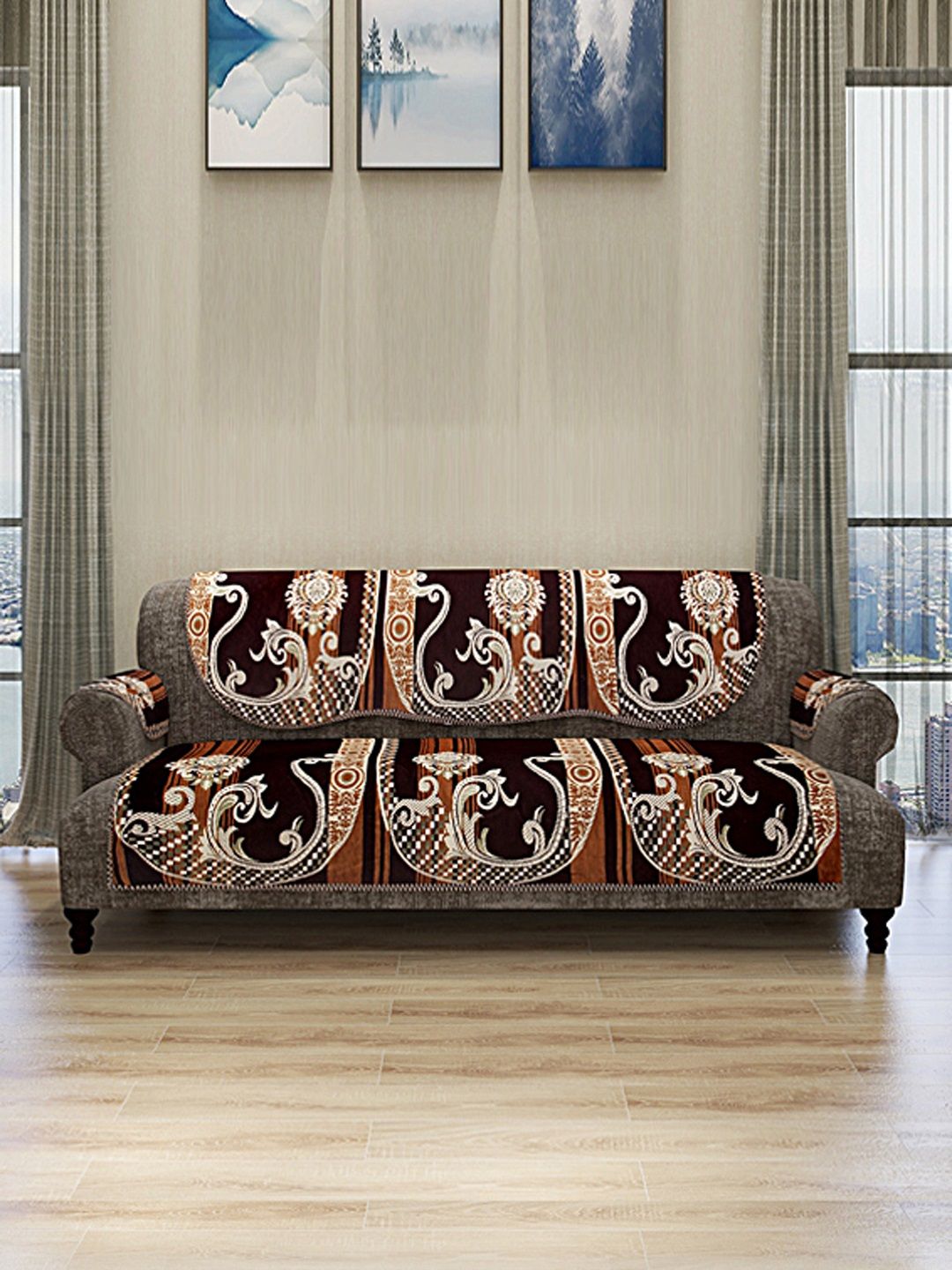 ROMEE Set Of 12 Brown & White Self Design 5-Seater Sofa Cover With 6 Arm Covers Price in India