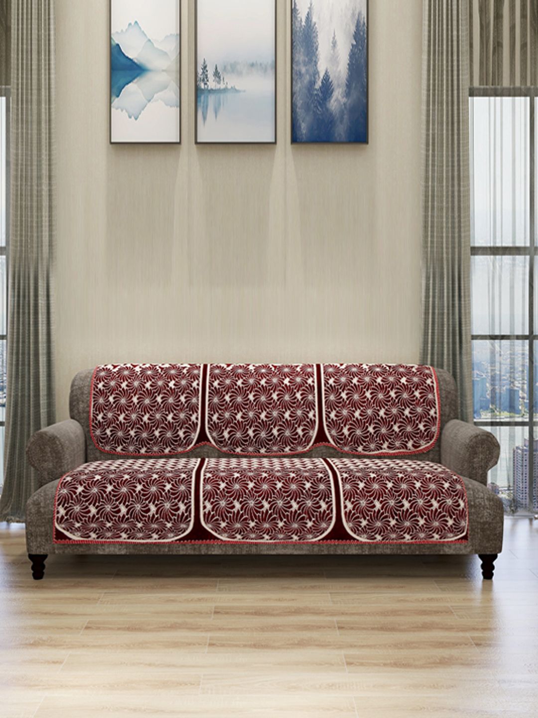 ROMEE Set Of 6 Beige & Maroon Self Design 5-Seater Sofa Cover Price in India