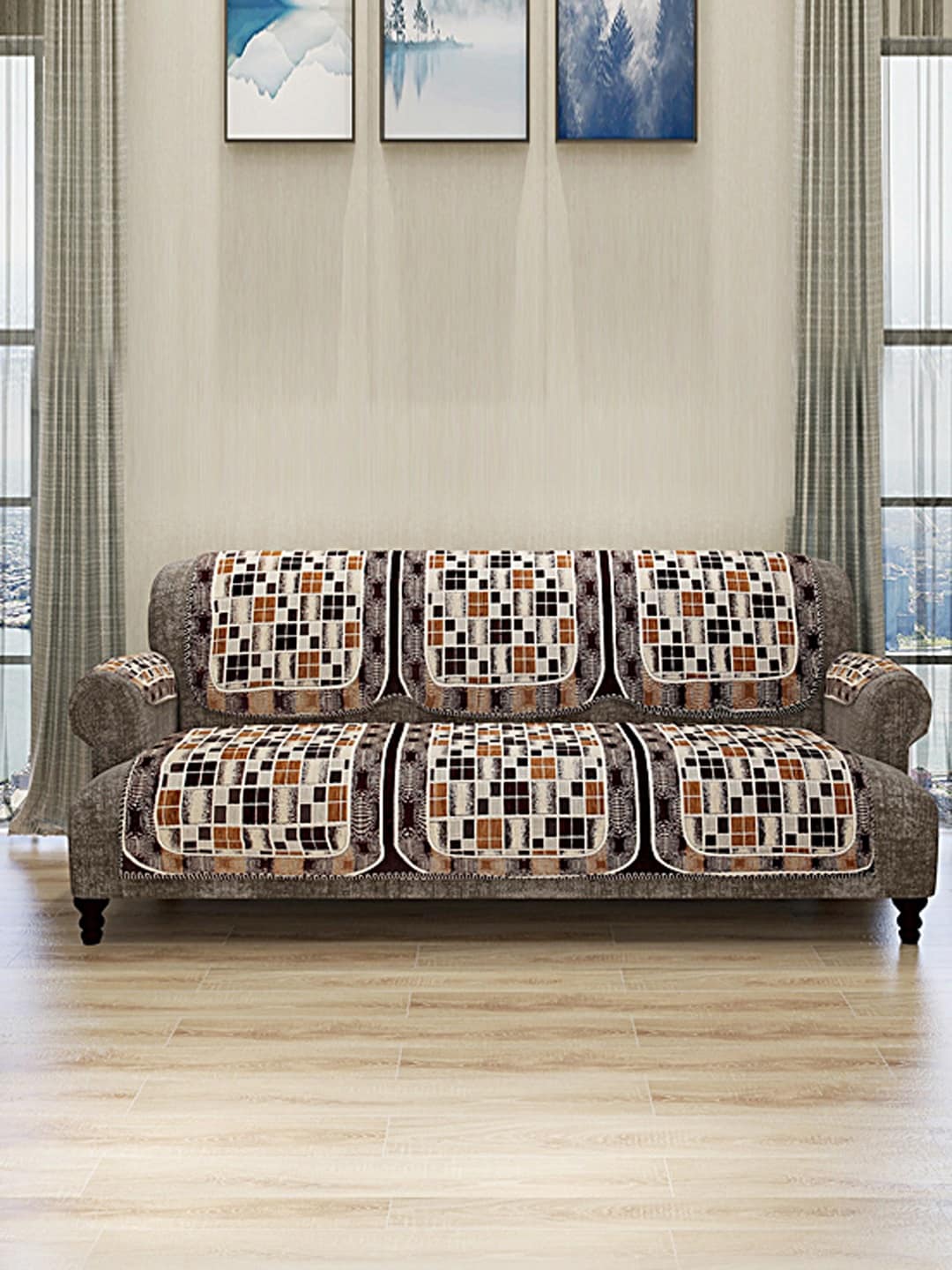 ROMEE Set Of 12 Beige & Brown Self Design 5-Seater Sofa Cover With 6 Arm Covers Price in India