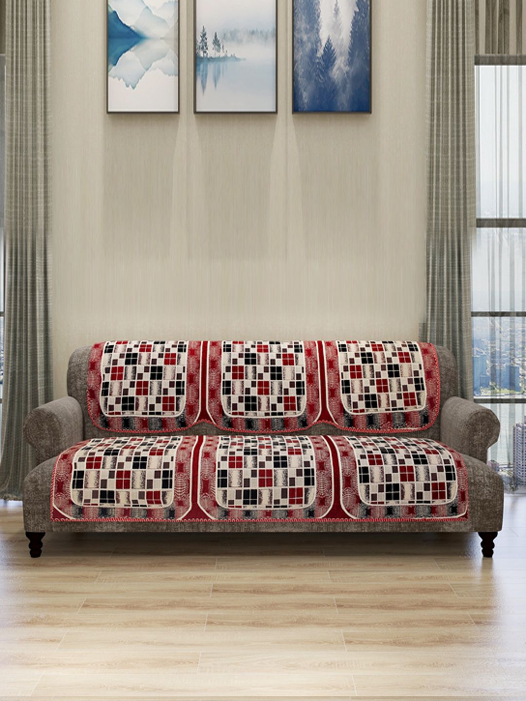 ROMEE Set Of 6 Beige & Red Self Design 5-Seater Sofa Cover Price in India