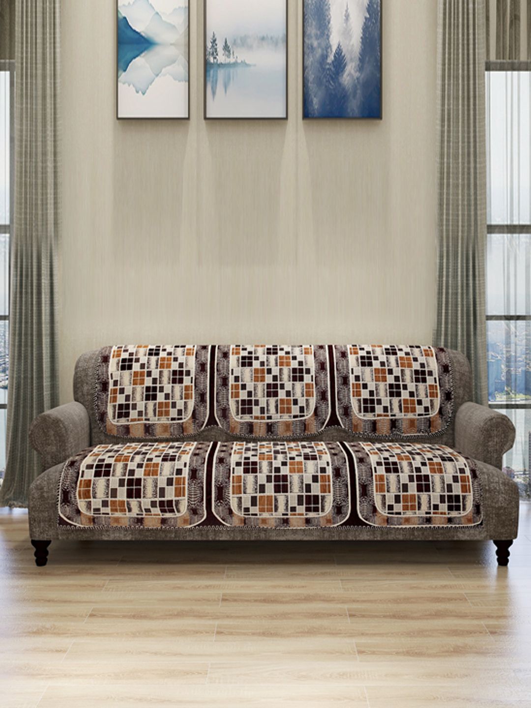 ROMEE Set Of 6 Beige & Brown Self Design 5-Seater Sofa Cover Price in India