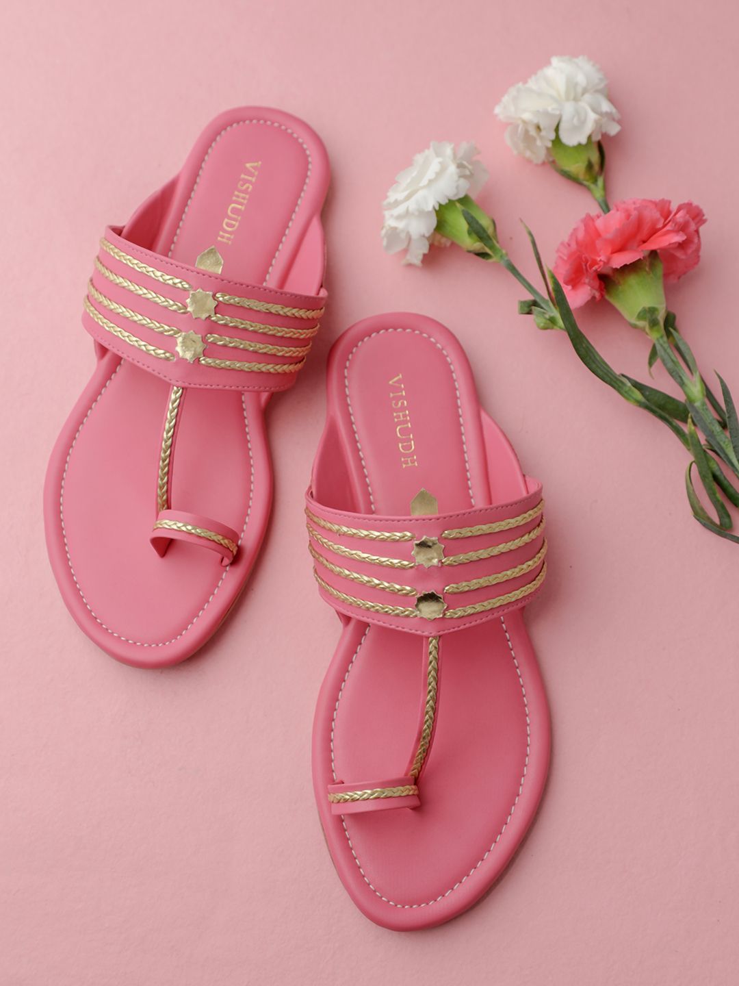 Vishudh Women Pink Striped One Toe Flats Price in India