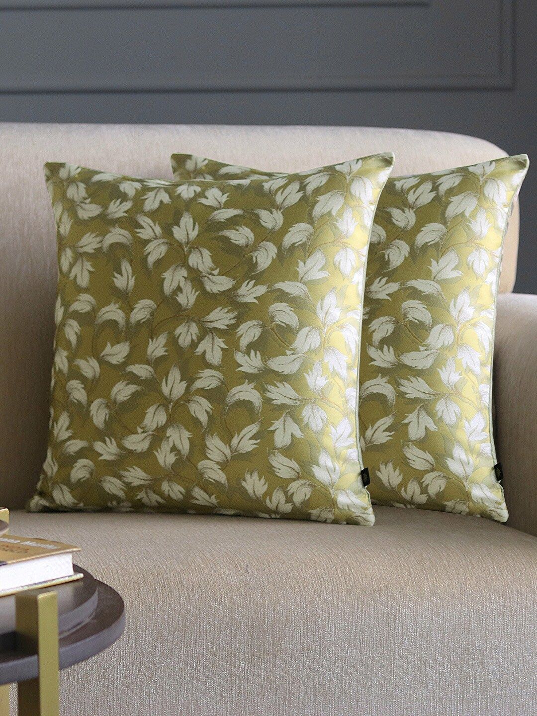 GM Set of 2 Green & Off-White Floral Printed Square Cushion Covers Price in India