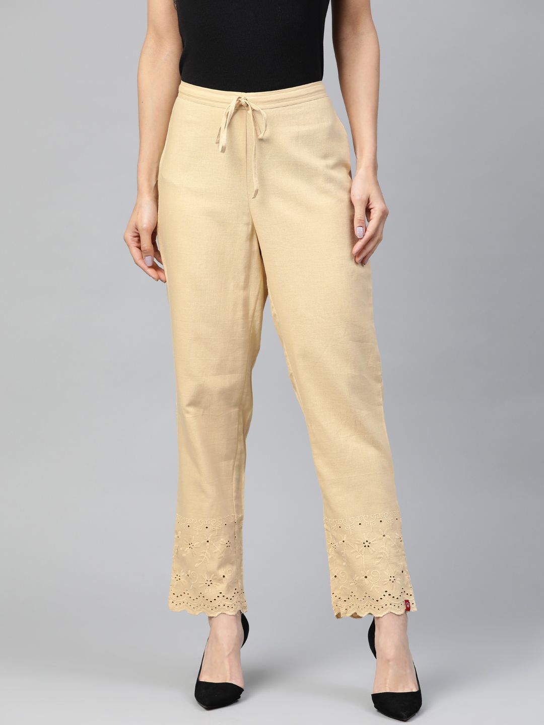 Biba Women Beige Solid Regular Trousers Price in India