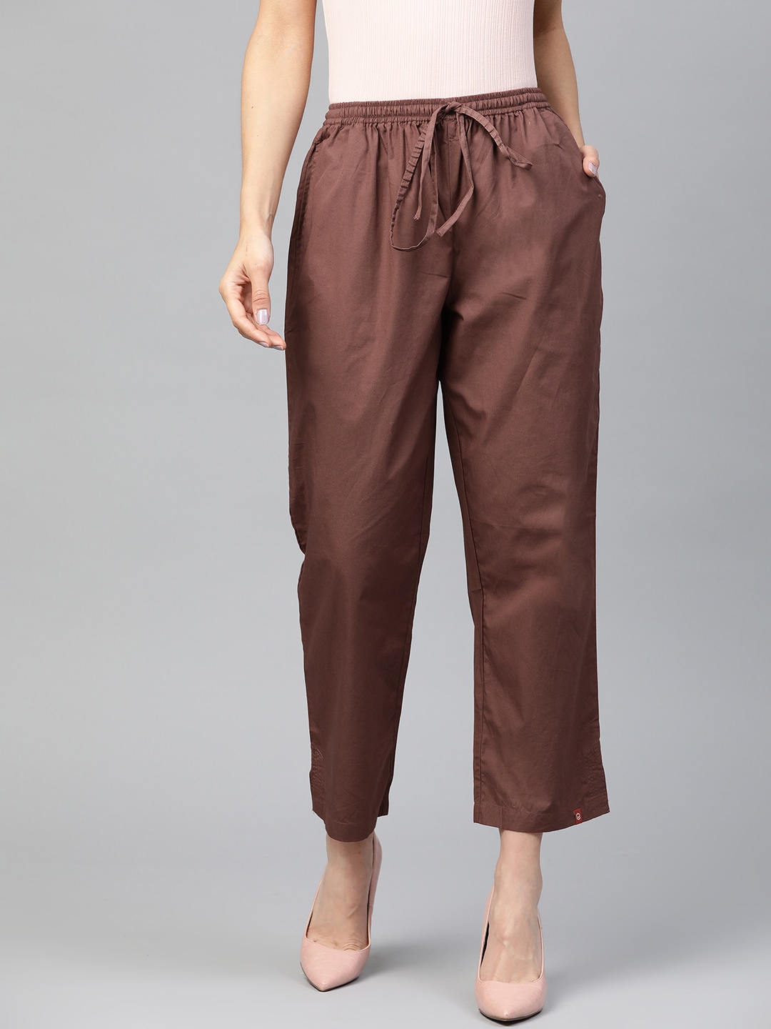Biba Women Brown Solid Cropped Pure Cotton Regular Trousers Price in India