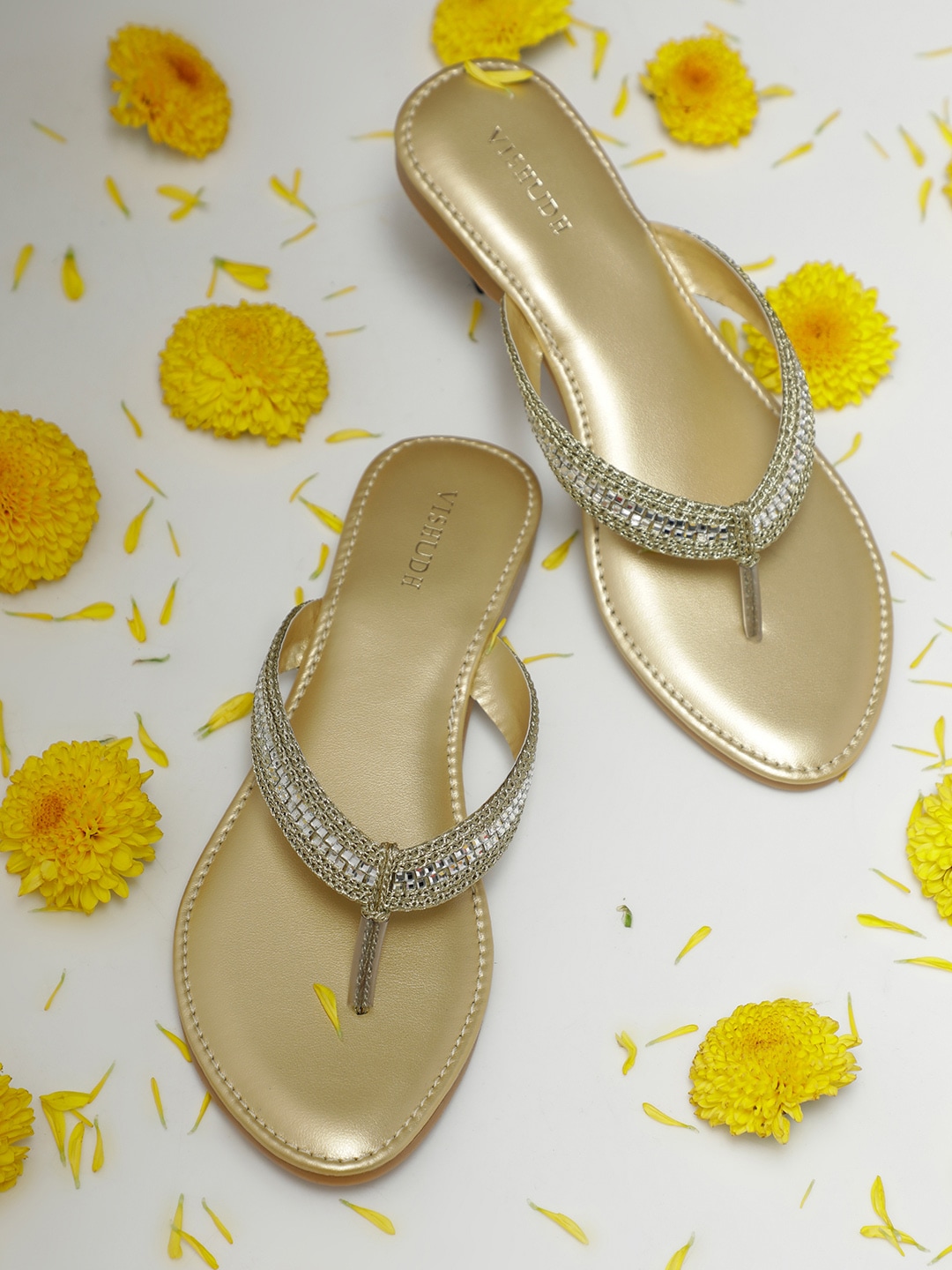 Vishudh Women Gold-Toned Woven Design Open Toe Flats Price in India