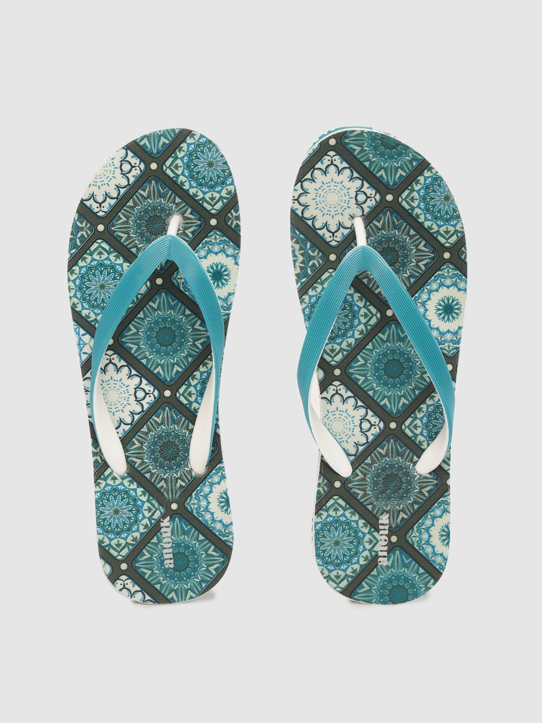 Anouk Women Teal Blue & White Ethnic Print Thong Flip-Flops Price in India