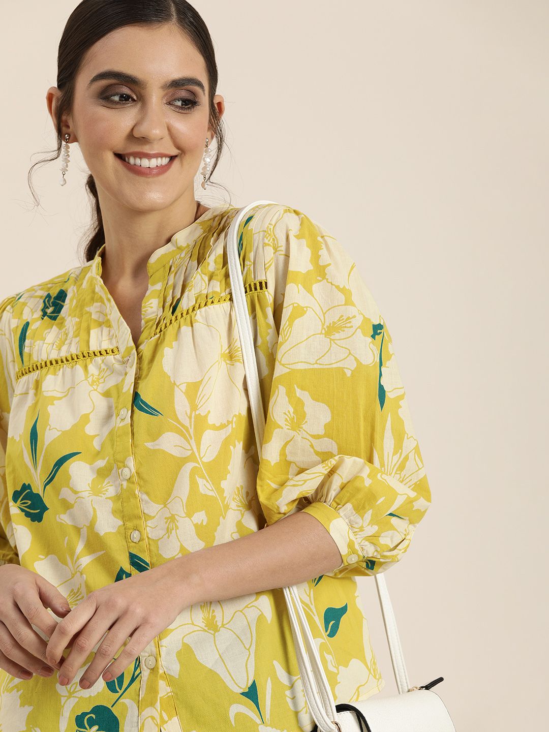 all about you Yellow & Off White Floral Print Mandarin Collar Puff Sleeve Pure Cotton Top Price in India
