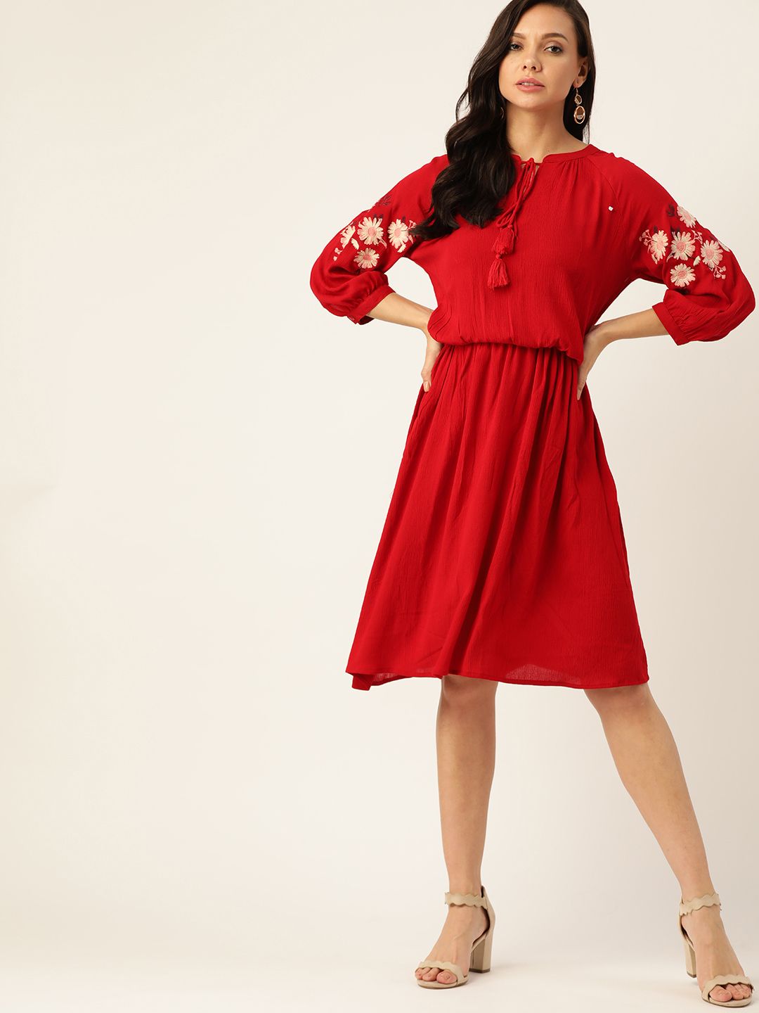 all about you Women Red Solid Tie-Up Neck Gathered A-Line Dress Price in India