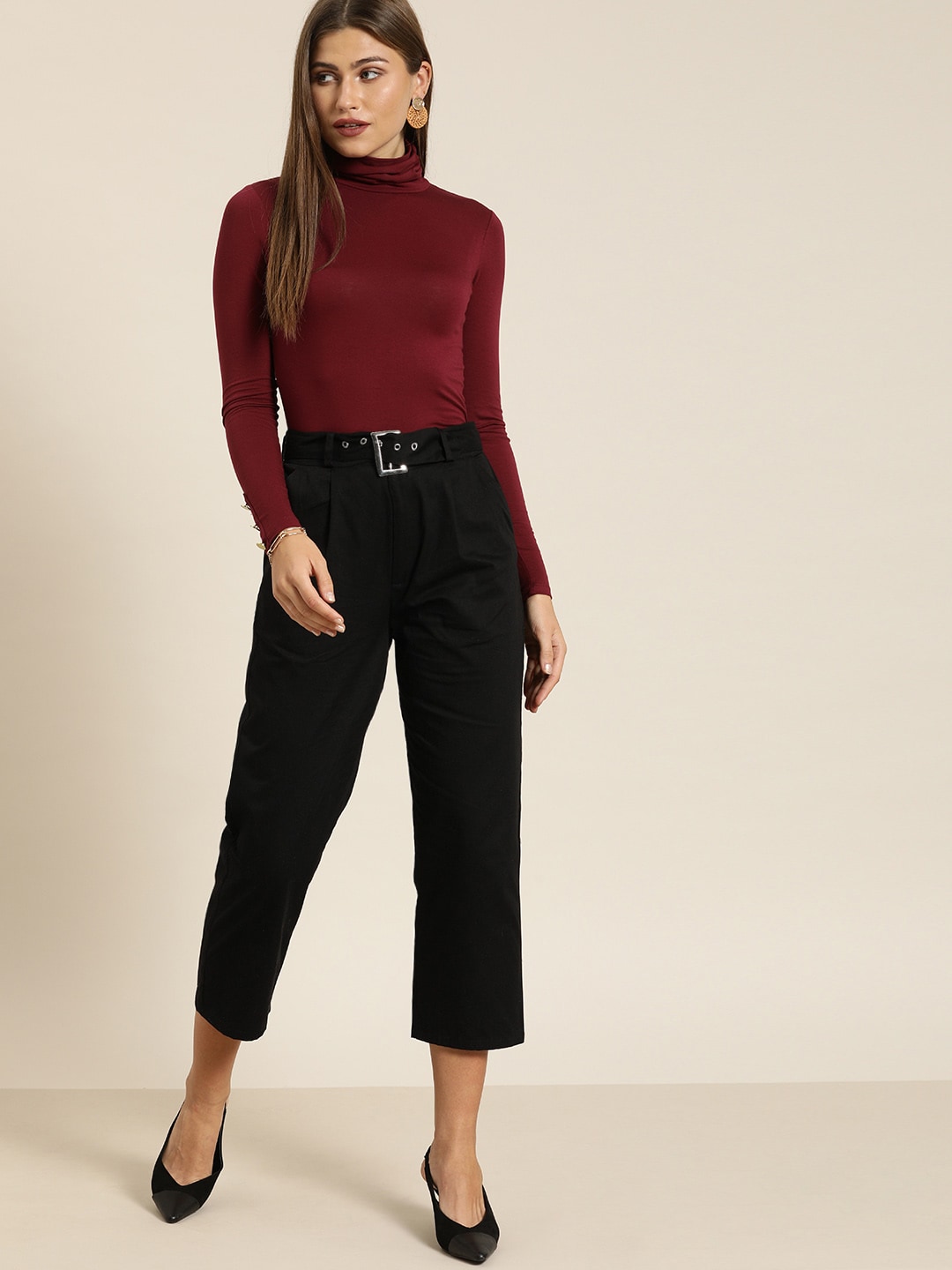 all about you Women Black Regular Fit Solid Cropped Peg Trousers Price in India