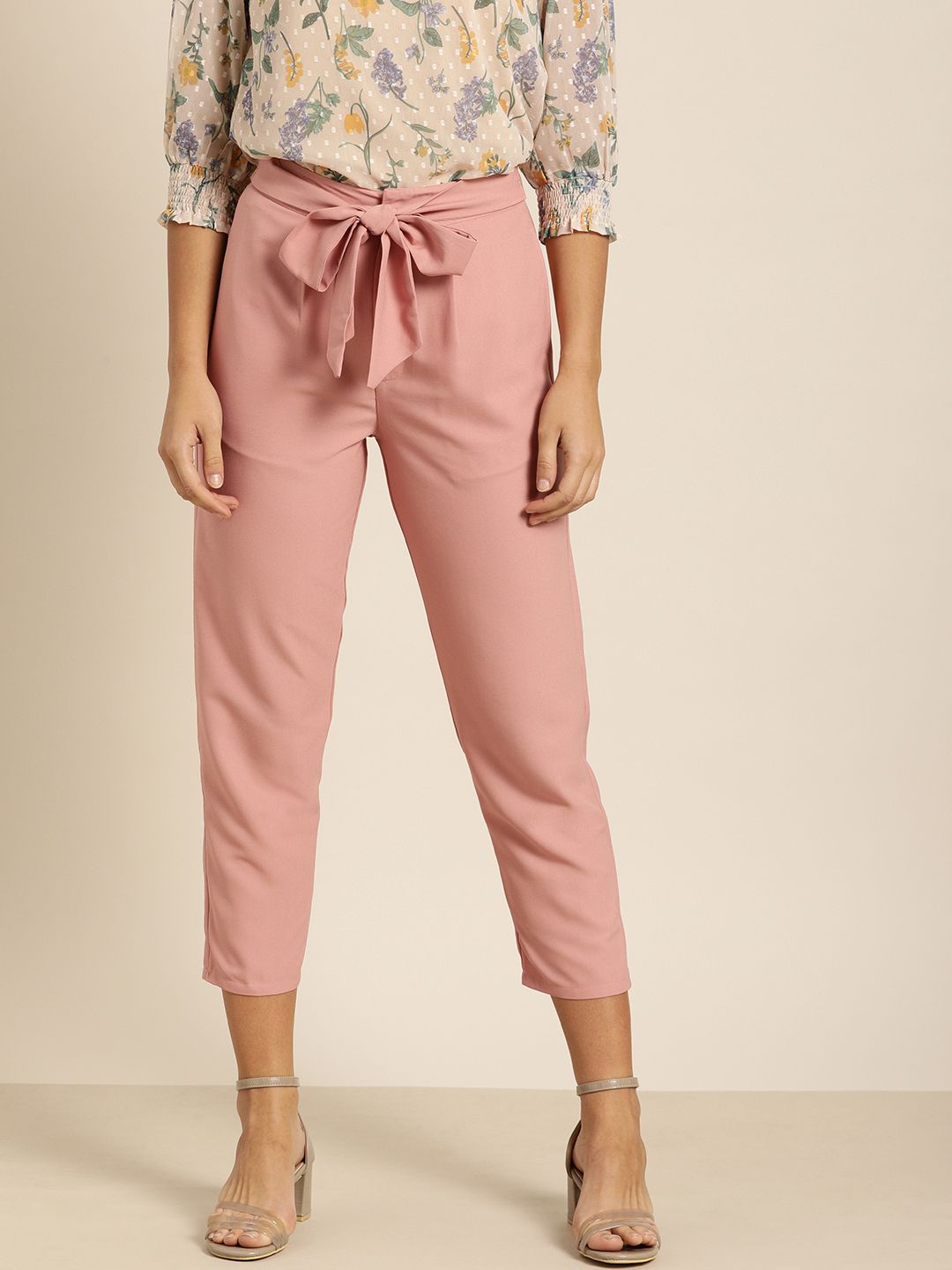 all about you Women Pink Solid Cropped Regular Trousers with Waist Tie-Up detail Price in India