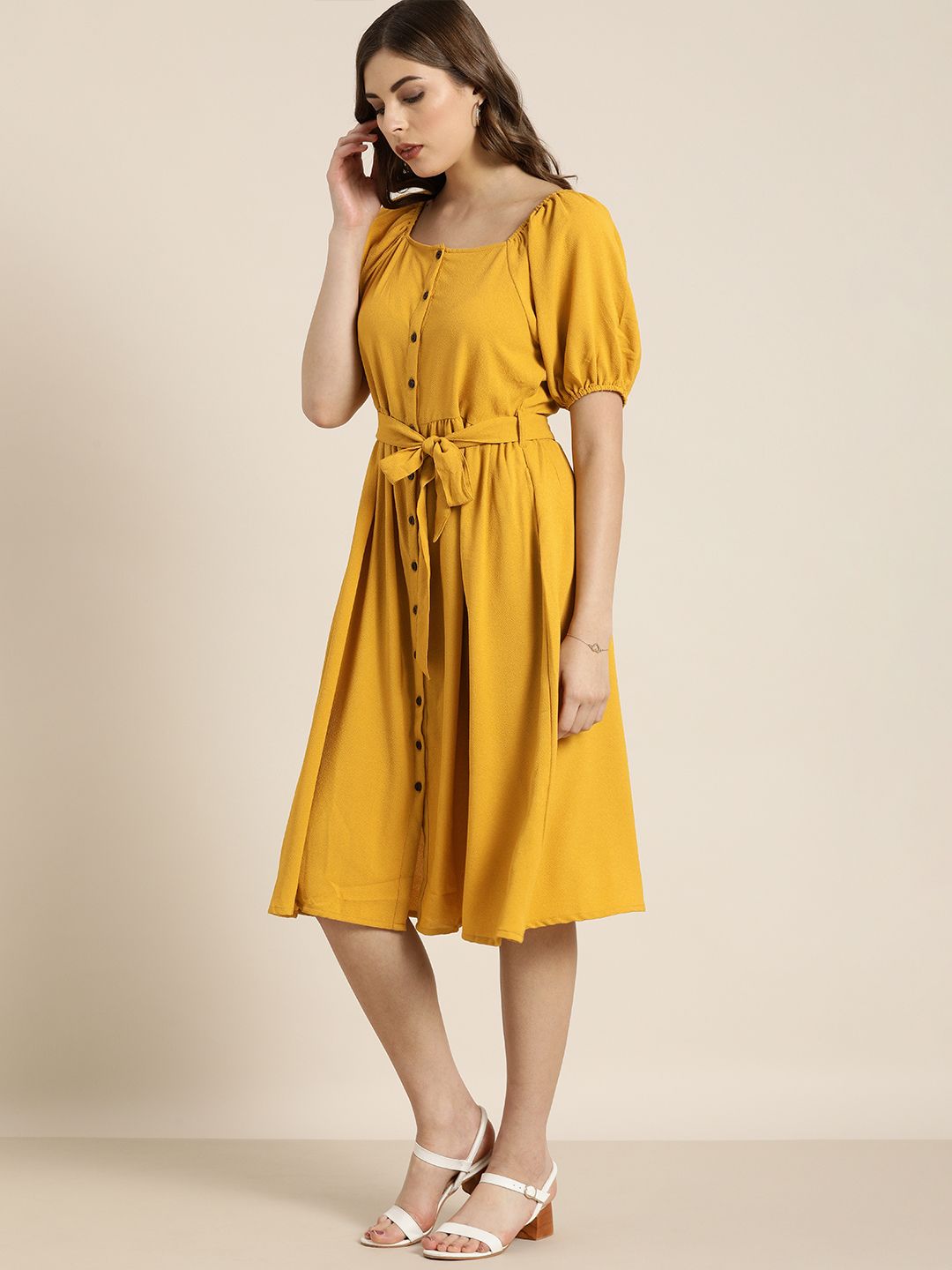 all about you Women Mustard Yellow Solid A-Line Dress with Waist Tie-Ups Price in India