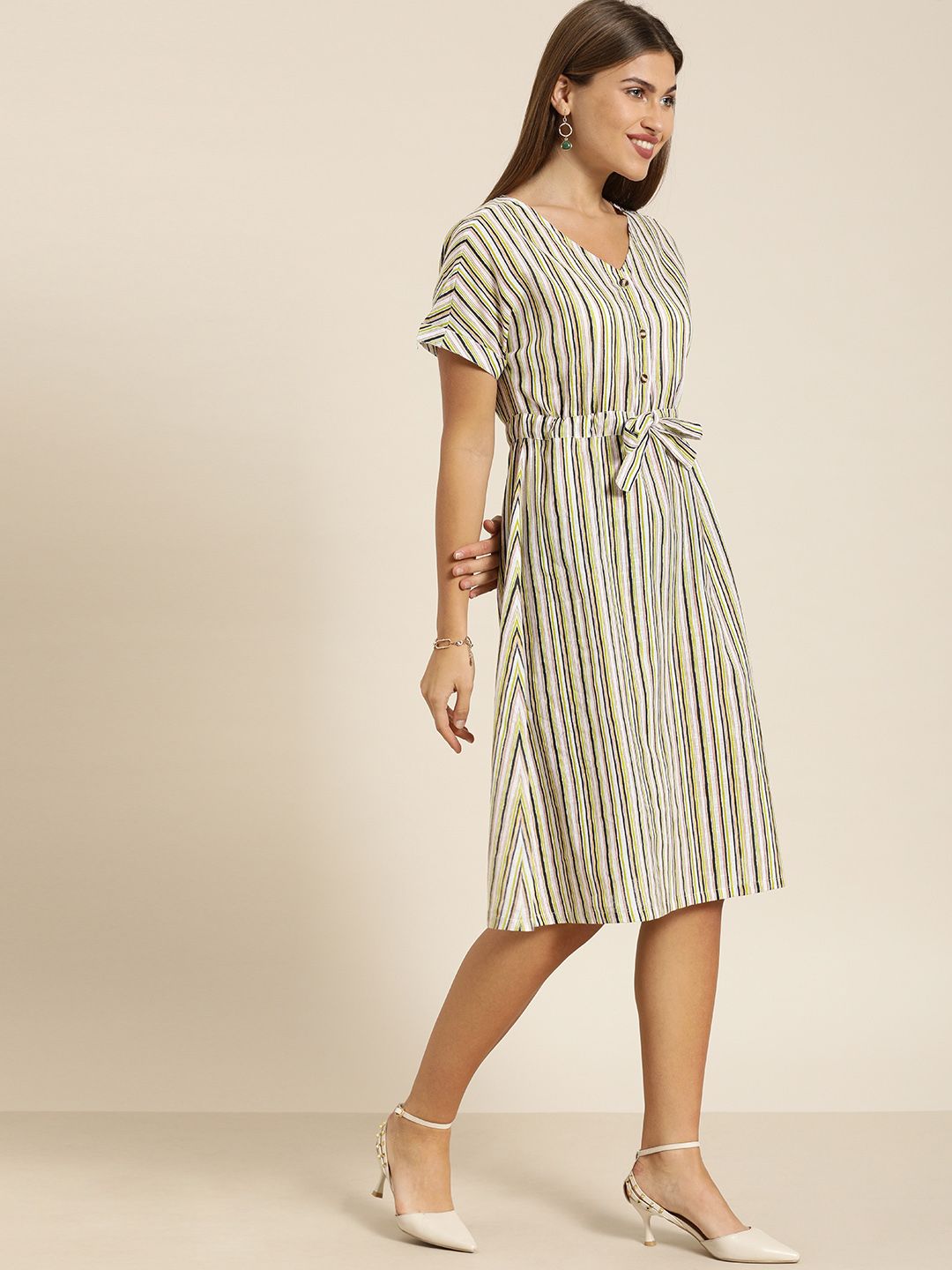 all about you Women Multicoloured Striped A-Line Dress with Waist Tie-Ups Price in India