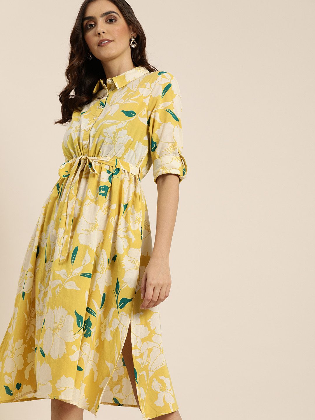 all about you Women Yellow & Off White Floral Printed Belted Shirt Dress Price in India