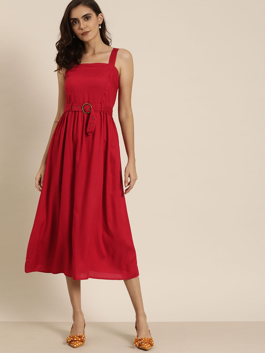 all about you Women Red Solid Fit and Flare Dress Price in India