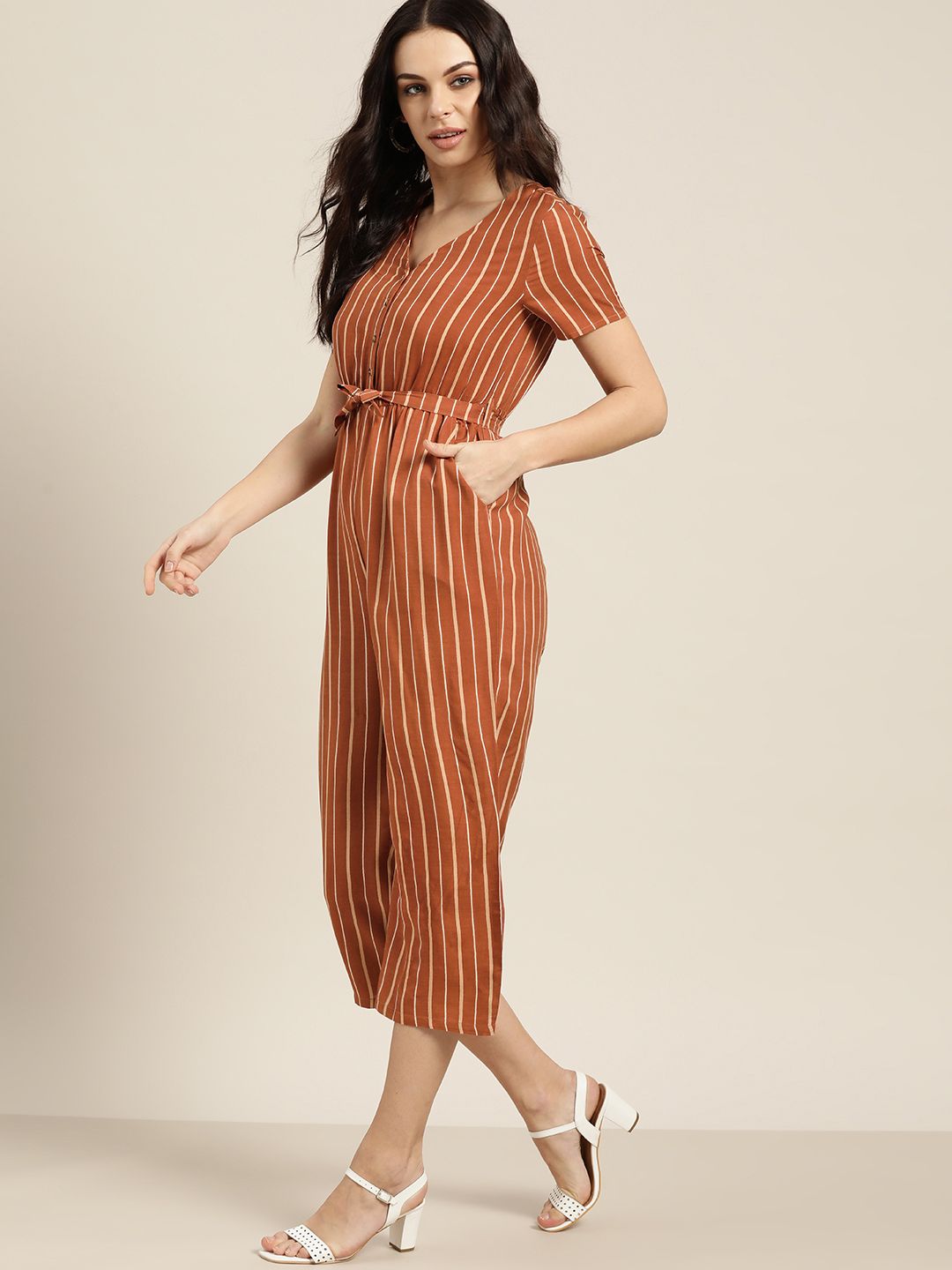 all about you Women Brown & Beige Striped Cropped Jumpsuit With Belt Price in India