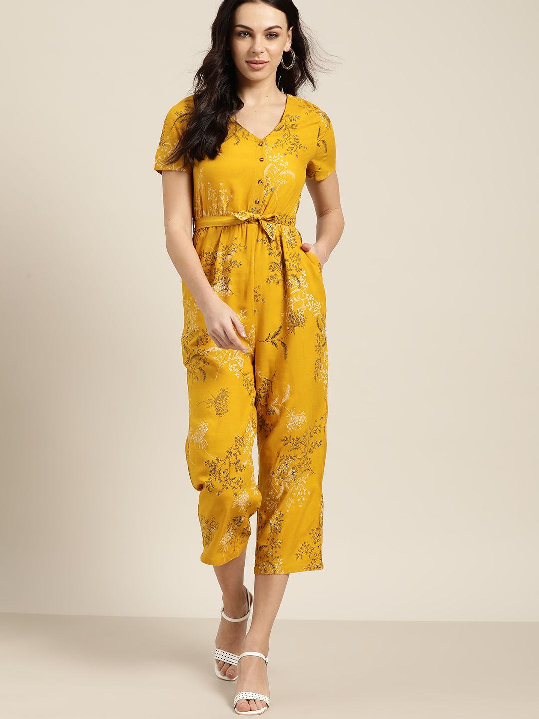all about you Women Mustard Yellow & Black Floral Printed Cropped Jumpsuit Price in India