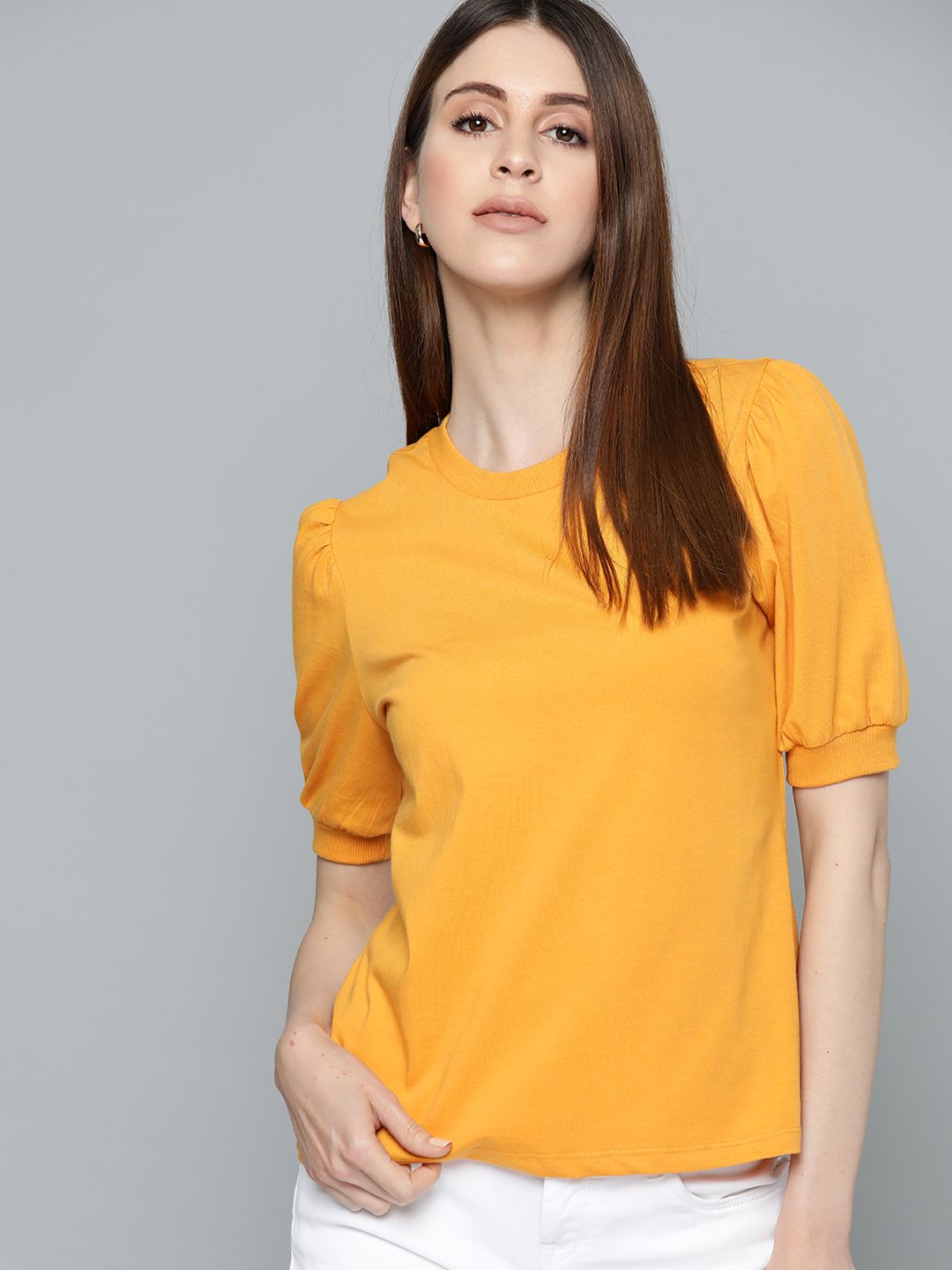 Chemistry Mustard Yellow Puff Sleeves Pure Cotton Regular Top Price in India
