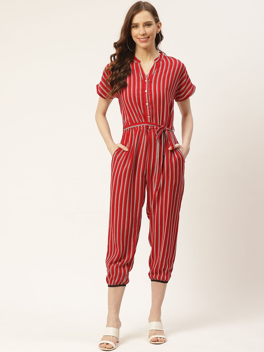 Rue Collection Women Red & Off-White Striped Capri Jumpsuit Price in India