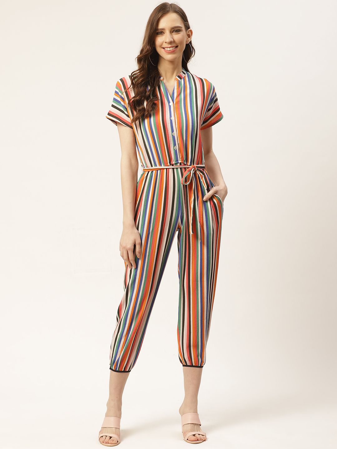 Rue Collection Women Multicoloured Striped Capri Jumpsuit Price in India
