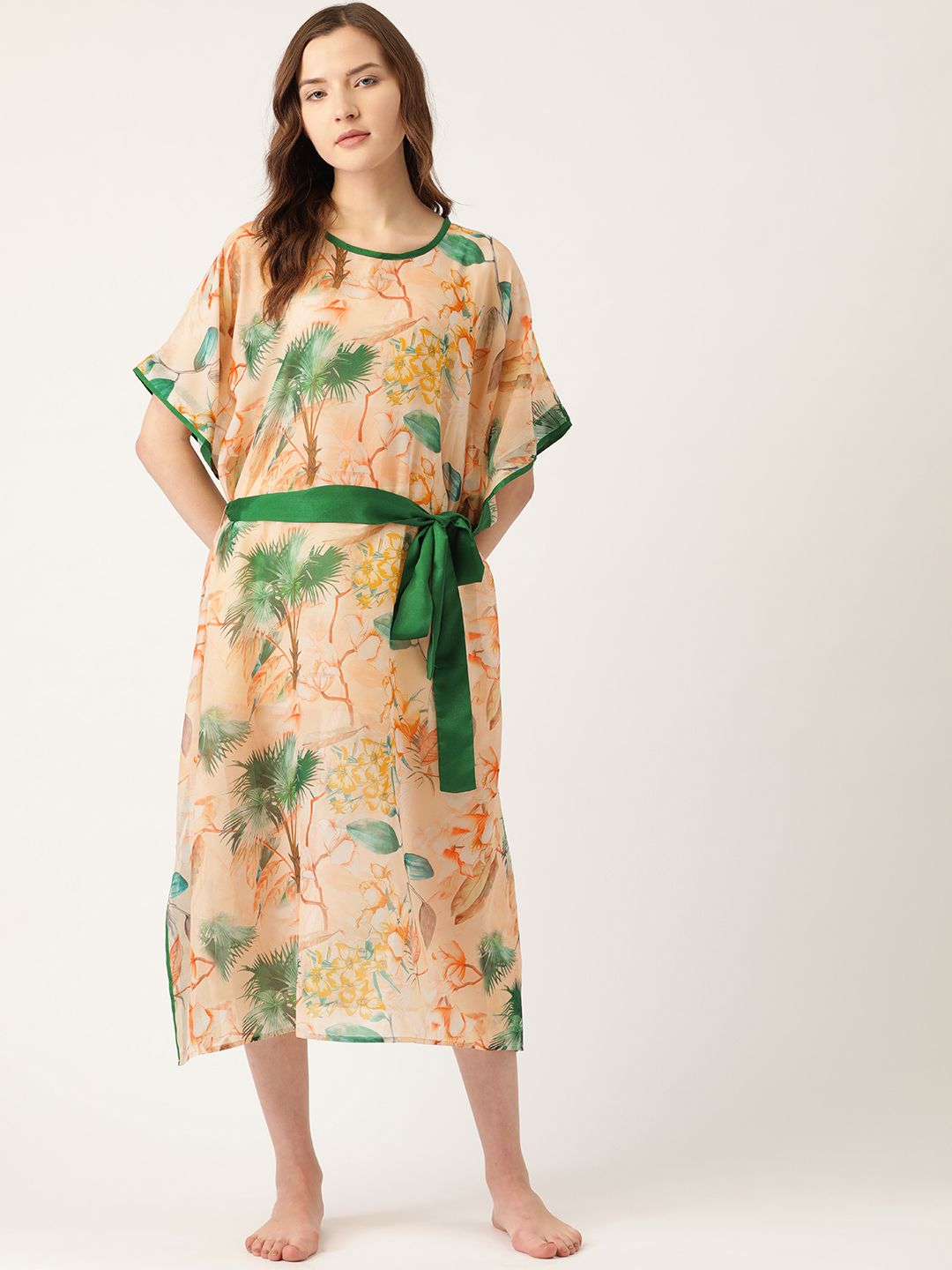 Rue Collection Women Peach Coloured & Green Floral Print Cover-Up Kaftan Dress Price in India